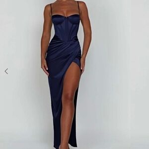 Babyboo Women's Despina Maxi Dress Size Small Navy Blue Corset Drape Bodycon